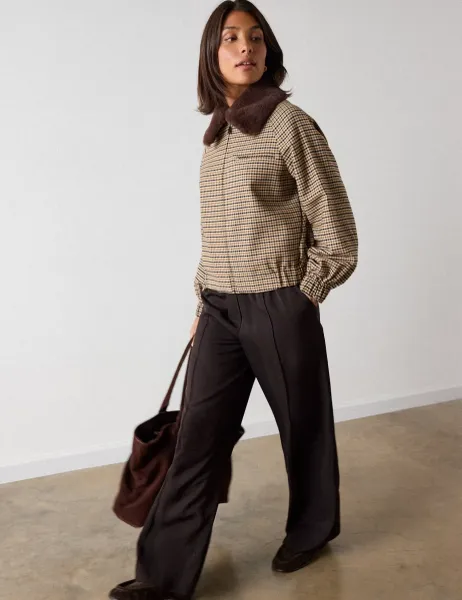 Whistles Cotton Rich Checked Bomber Jacket Brown Mix