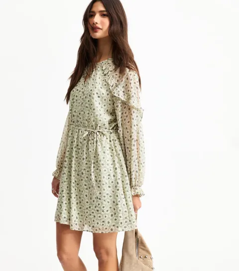 New Look Women's Green Floral Print Chiffon Mini Dress