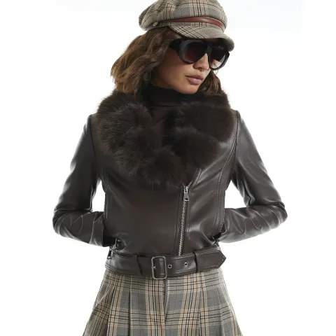 River Island Faux Fur Collar Cropped Biker Jacket