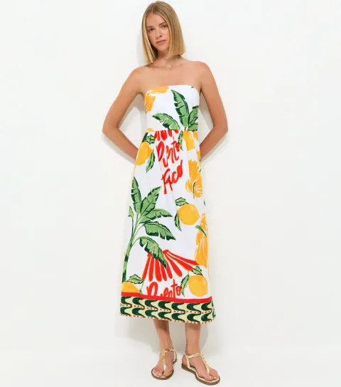 Women's Cream Cotton Tropical Print Bandeau Midi Dress