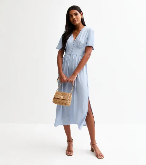 Women's Light Blue Lace Trim Button Through Midi Dress