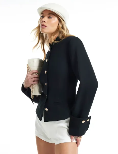 River Island High Neck Fitted Military Jacket Black