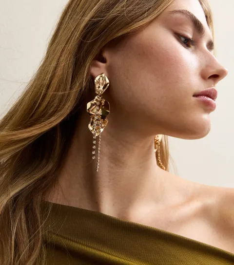 Gold Tone Petal Diamante Drop Earrings