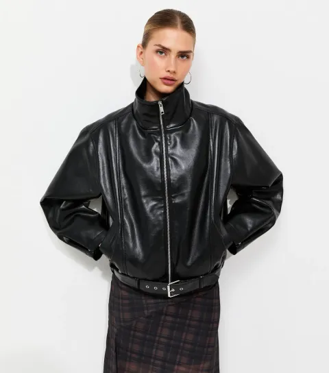 Women's Black Faux Leather Buckle Hem Funnel Neck Jacket