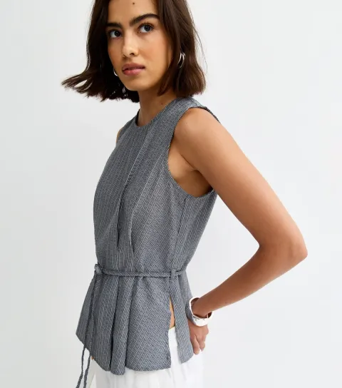 New Look Women's Blue Pinstripe Longline Belt Tunic Top