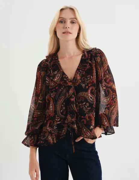 Finery London Chiffon Paisley Ruffle Front Tie Blouse Black Mix