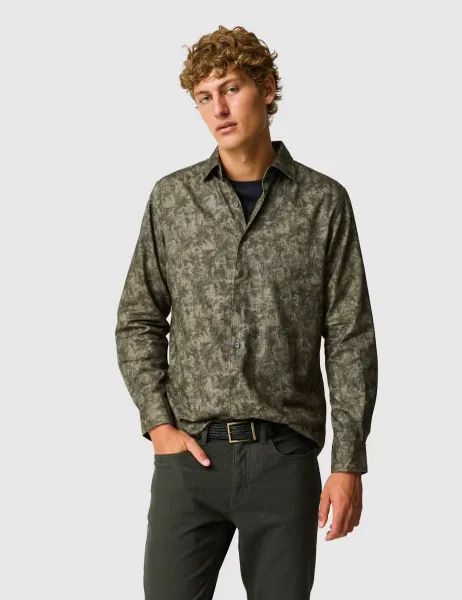 Rodd & Gunn Tonal Palm Print Cotton Shirt Dark Green Mix