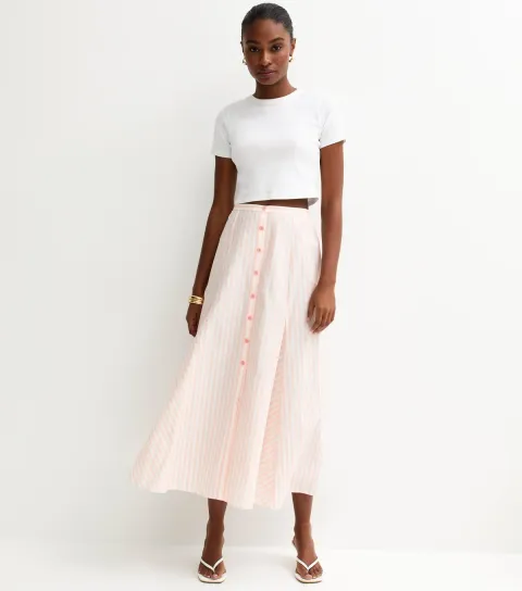 Women's Pink Striped Cotton Button Through Midi Skirt