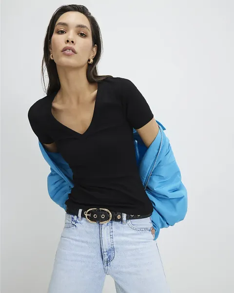 River Island Cotton Blend V Neck Baby Tee T-Shirt