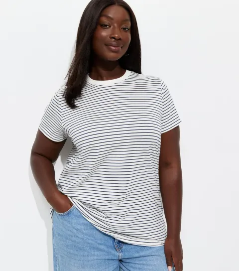 Women's Plus Size Blue Cotton Striped Relaxed Fit T-Shirt Curves
