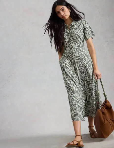 White Stuff Jersey Printed Midi Shirt Dress Green Mix