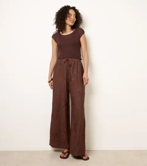 Women's Dark Brown Embroidered Wide Leg Trousers