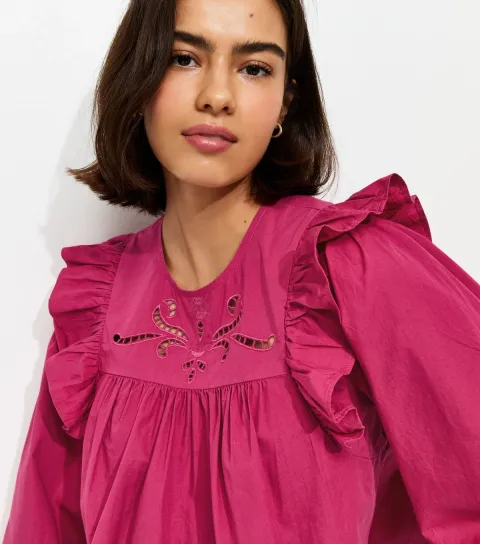 Women's Dark Pink Broderie Anglaise Frill Trim Blouse