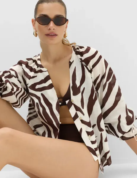 Marks & Spencer Pure Cotton Animal Print Beach Cover Up Shirt Ivory Mix