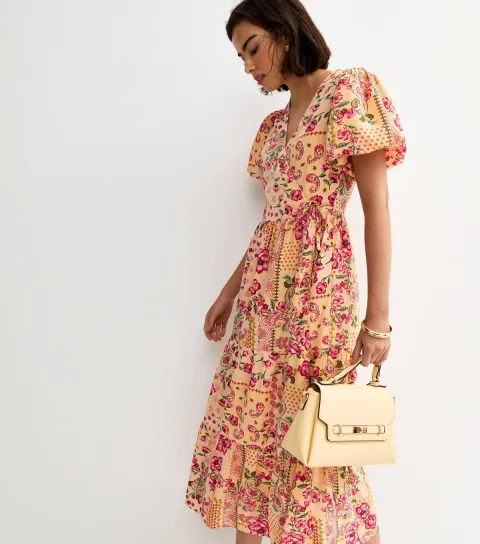 Women's Pink Crepe Patch Print Wrap Midi Dress