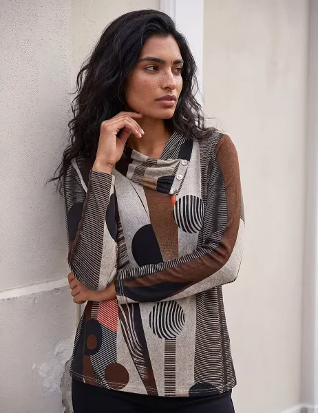 Roman Abstract Print Button Neck Tunic Top Brown