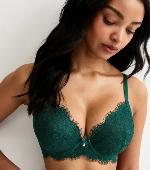 Women's Dark Green DD+ Lace Padded Demi Bra