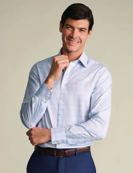 Charles Tyrwhitt Slim Fit Non-Iron Pure Cotton Prince of Wales Shirt Light Blue Mix