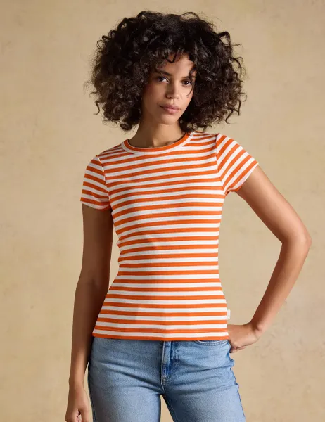 Joules Cotton Rich Ribbed Striped Crew Neck T-Shirt Orange Mix