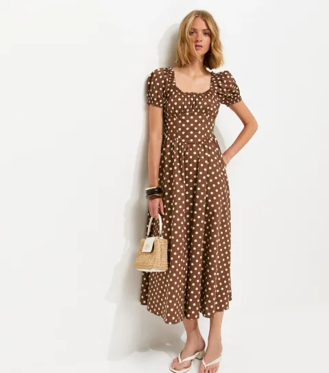 Women's Brown Cotton Polka Dot Ruched Midi Dress