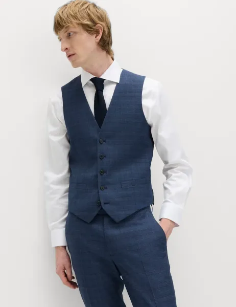 Marks & Spencer Textured Check Stretch Waistcoat Mid Blue
