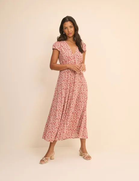 Nobody's Child Ditsy Floral V-Neck Midi Tea Dress Multi