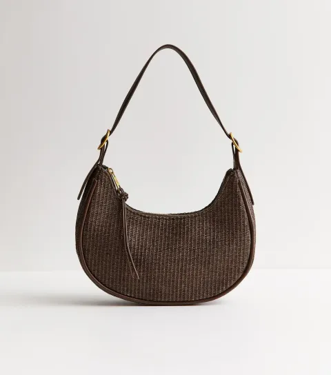 Dark Brown Woven Curved Shoulder Bag