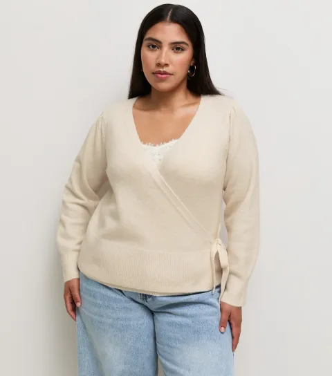 Women's Plus Size Cream Wrap Front Knitted Jumper Curves