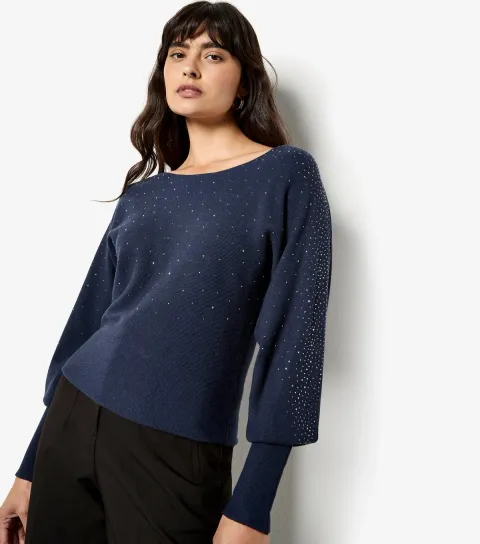 Women's Navy Stud Ribbed Batwing Jumper