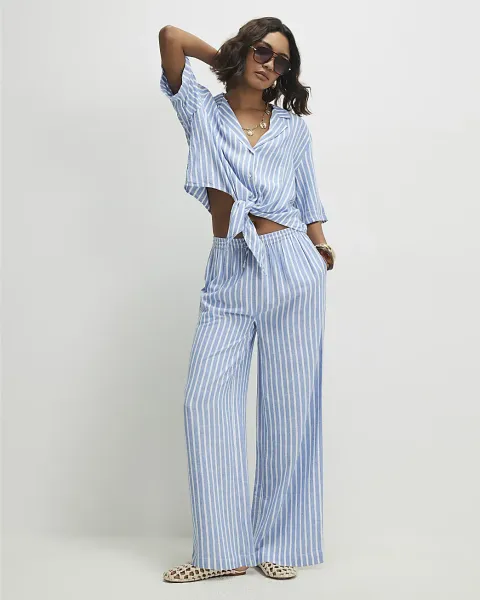 River Island Linen Blend Stripe Wide Leg Trousers