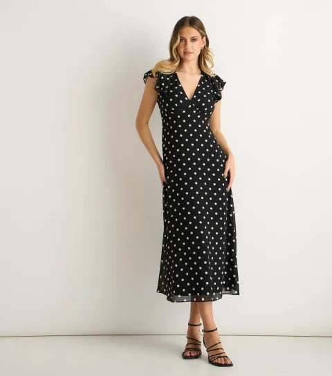 Women's Black Polka Dot V-Neck Skater Midi Dress