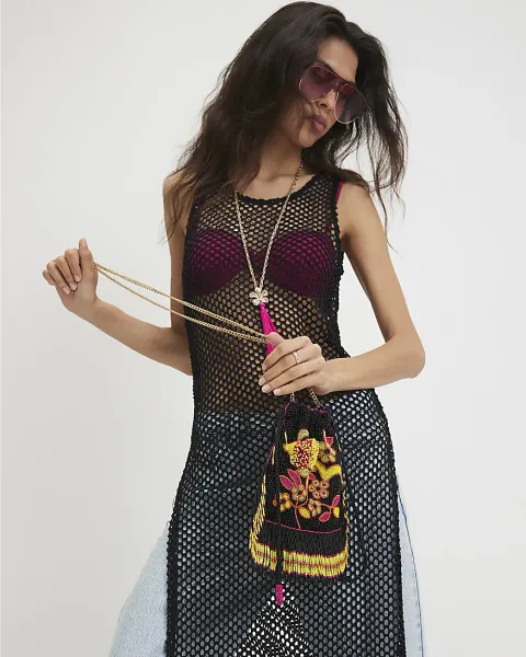 River Island Fringe Beaded Drawstring Bag