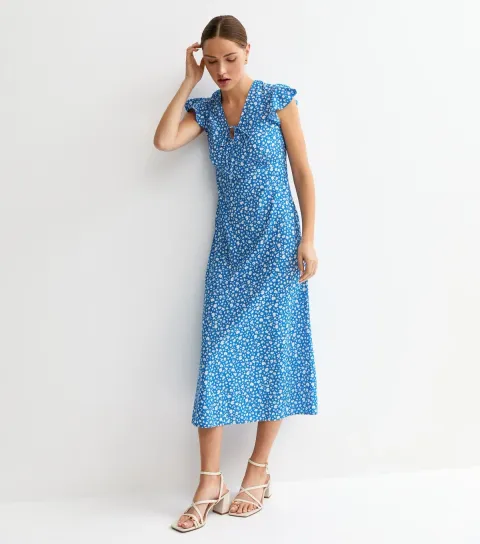 Women's Blue Ditsy Floral Flutter Sleeve Midi Dress