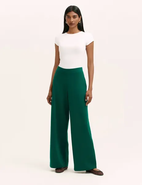 Finery London Jersey Elasticated Waist Wide Leg Trousers Green