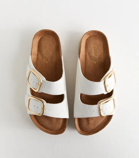 Women's White Faux Leather Double Buckled Strap Mule Sandals Vegan