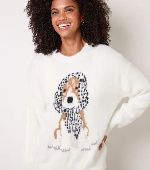 Blue Vanilla Women's Off White Fluffy Knitted Dog Motif Jumper