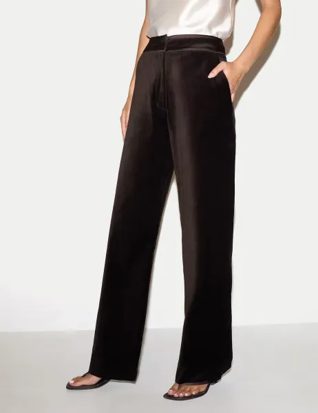 Jigsaw Velvet Satin Trim Straight Leg Trousers Dark Brown