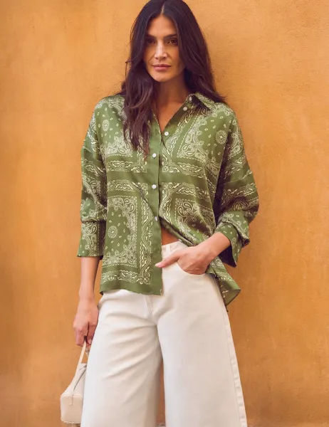 RO&ZO Scarf Print Collared Shirt Khaki Mix