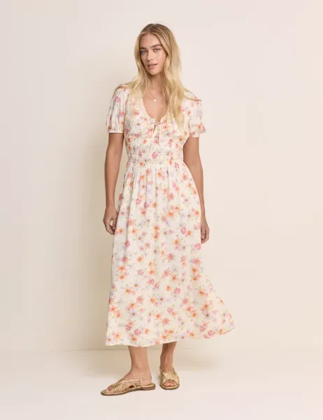 Nobody's Child X Elizabeth Scarlett Floral Scoop Neck Midaxi Waisted Dress Yellow