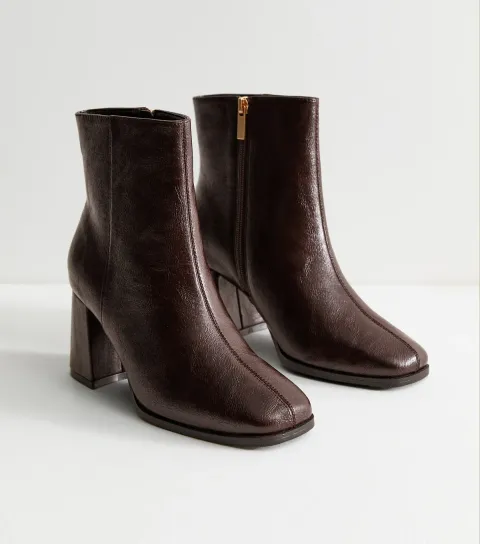 New Look Women's Dark Burgundy Faux Leather Block Heel Ankle Boots Vegan