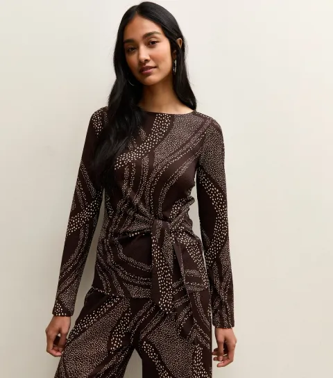 Women's Brown Swirly Tie Front Long Sleeve Top