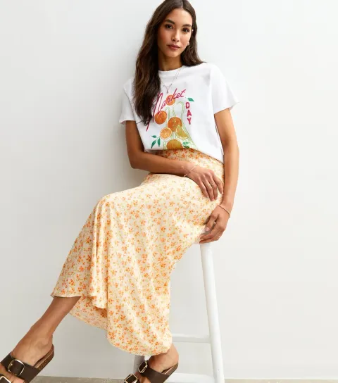 New Look Women's White Floral Print Bias Cut Midi Skirt