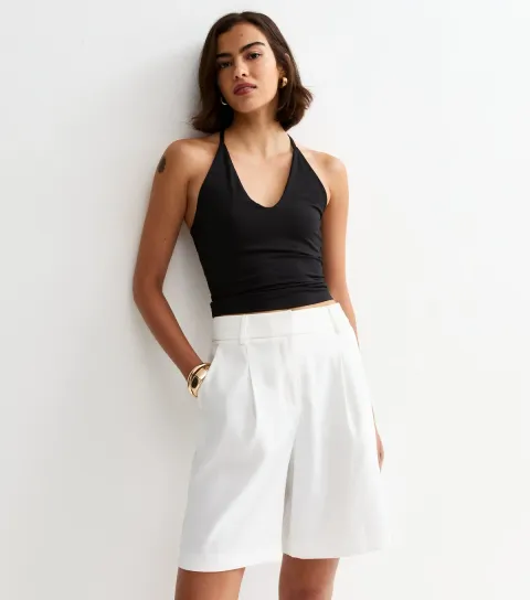 Women's White Longline Pleated Shorts