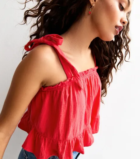 Women's Petite Red Cotton Tie Shoulder Cami Top