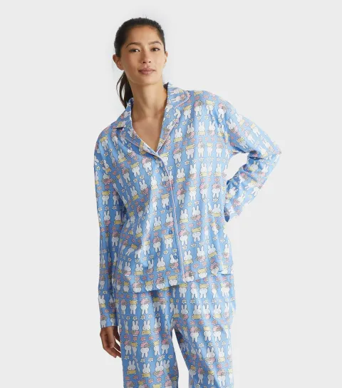 Women's Blue Miffy Flower Print Shirt and Trousers Pyjama Set