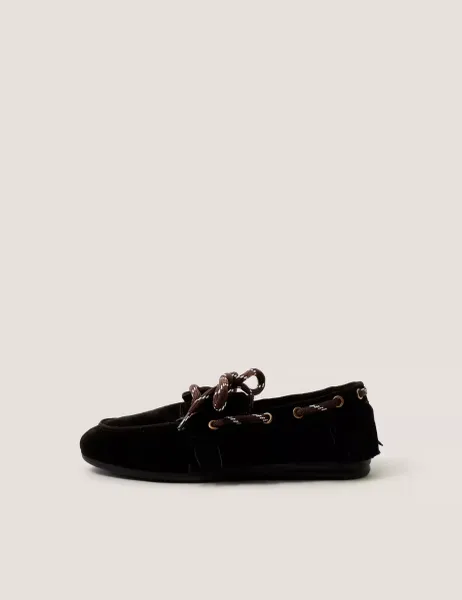 Monsoon Suede Slip On Tassel Flat Loafers Black