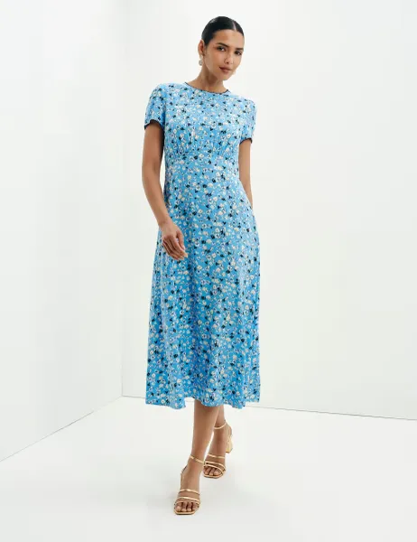 Finery London Ditsy Floral Midi Waisted Dress Blue Mix