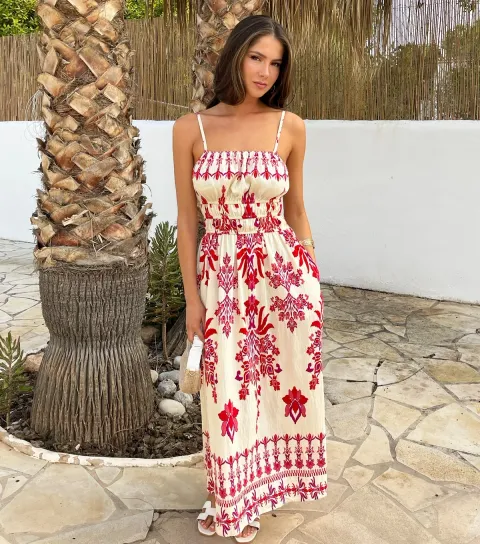 Women's Pink Boho Floral Print Strappy Shirred Midi Dress