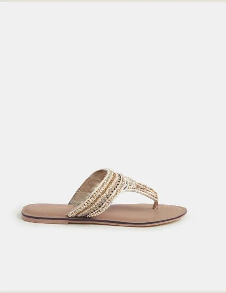 Accessorize Bead Embellished Flip Flops Gold