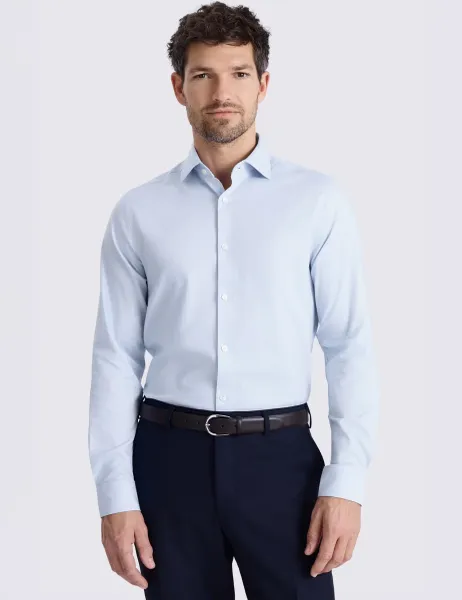 Moss Slim Fit Cotton Rich Dobby Stretch Shirt Light Blue